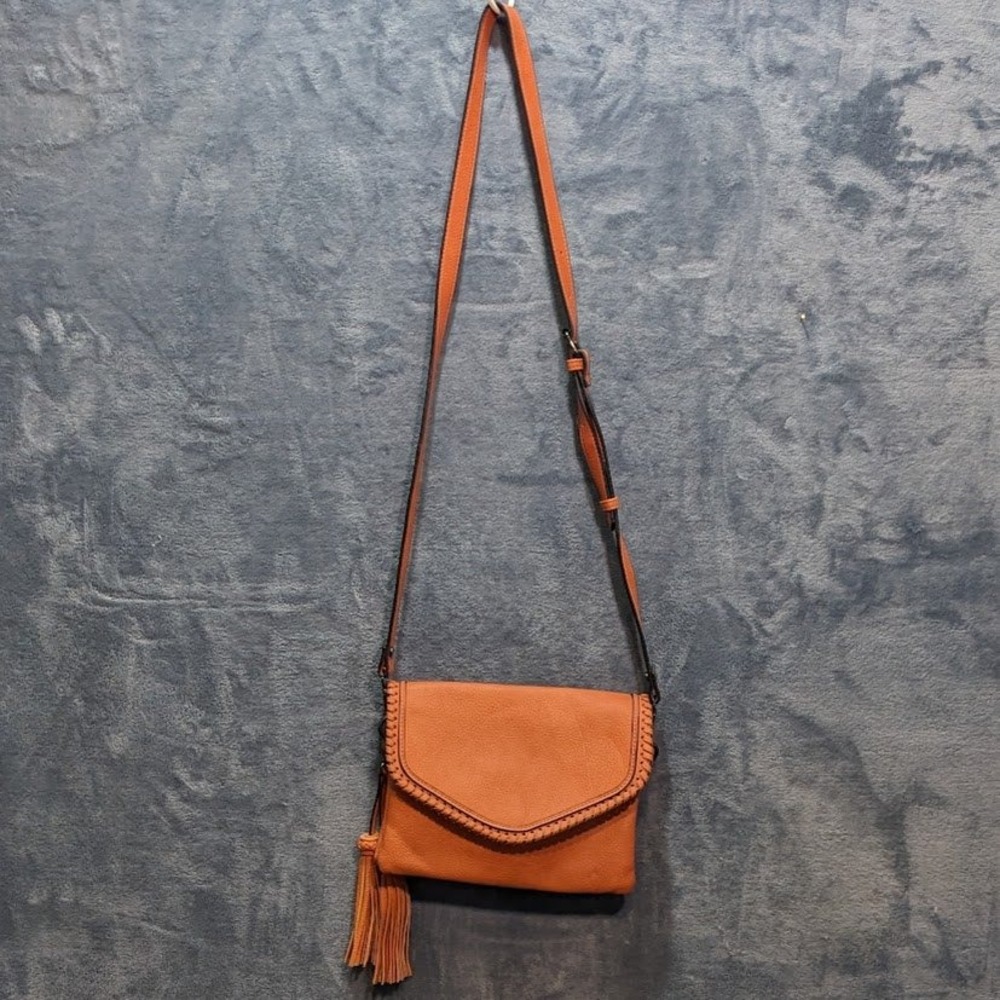 Jen & Co Orange Vegan Leather Whipstitch Tassel Crossbody Bag Envelope Flap